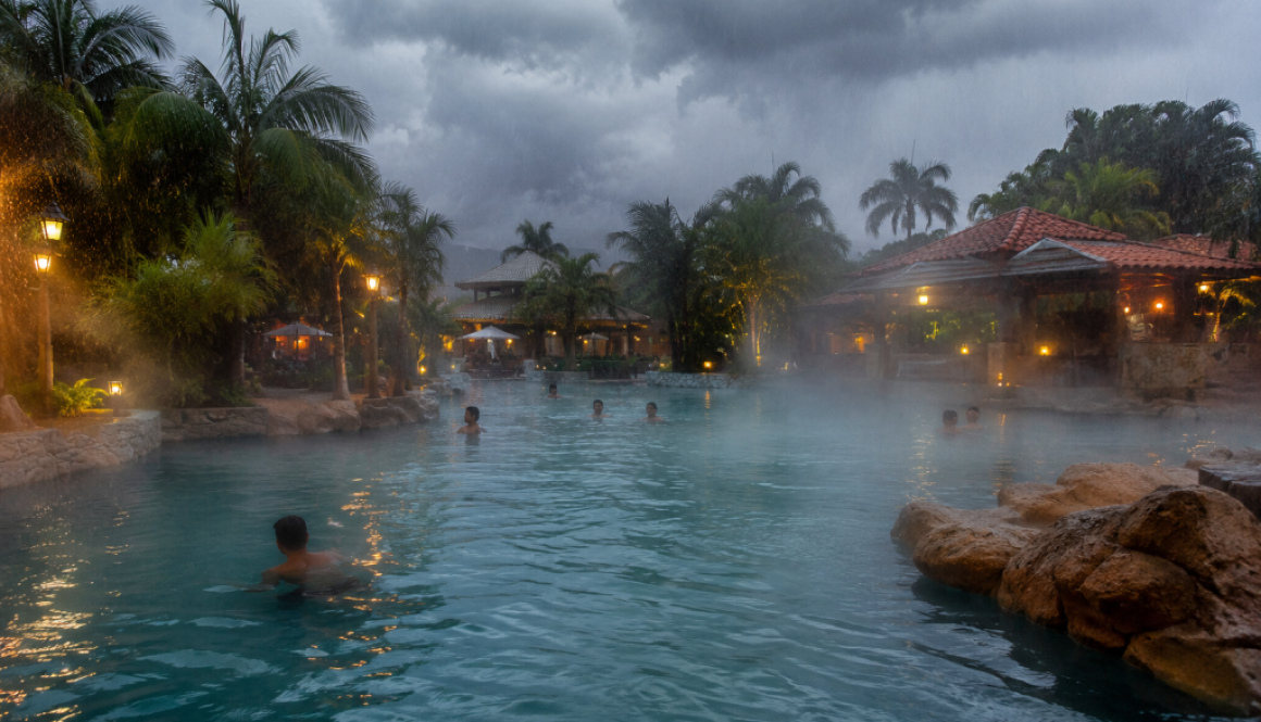 Piscina termal aquecida em parque aquático em dia de chuva, vapor da água quente, poucas pessoas, céu nublado dramático, ambiente tropical aconchegante, fotografia de viagem profissional